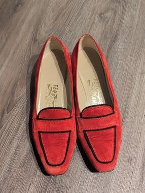 Salvatore Ferragamo Red Suede Loafers with Black Trim
